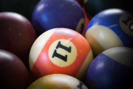 Used billiard balls on a billiard tableの写真素材
