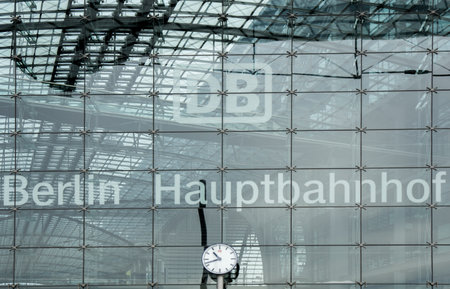 BERLIN, GERMANY- AUGUST 10, 2013: Glass  facade of the city  main railway station .The  Hauptbahnhof is the largest train  station in Europe.のeditorial素材