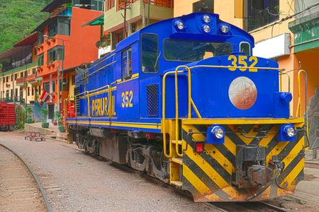 Aguas Calientes; PERU OCTOBER 17, 2014: Locomotive stands at the railway station of \\ \"Aguas Calientes \\\", the suburb of \\ \"Machu Picchu \\\"のeditorial素材