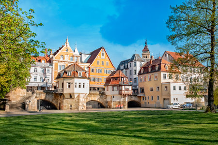 ESSLINGEN, GERMANY - APRIL 17, 2018: The photo shows the medieval town Esslingen in Germany with inner bridge.のeditorial素材