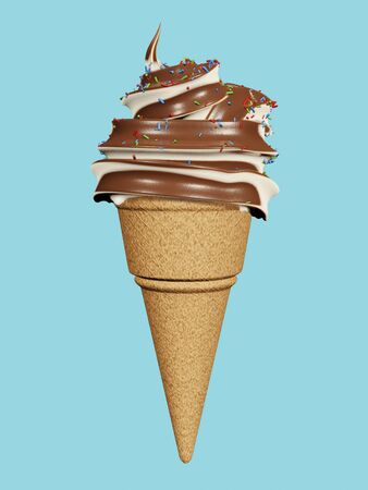 Soft ice with chocolate vanilla cone, decorated with colored sprinkles. 3d illustration.の写真素材