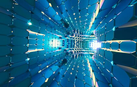 3d generated curved light tube with glowing cubes.の写真素材