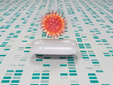 Virus hovering over pill, which lies on surface with technical appearanceの写真素材