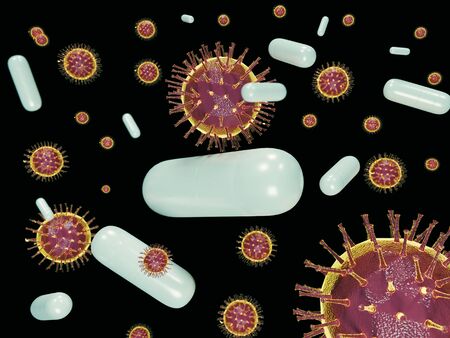 Multiple virus hovering with pill in empty dark room. 3d illustrationの写真素材