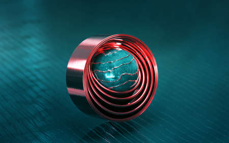 Red metal rings embracing metallic sphere. 3d illustrationの写真素材