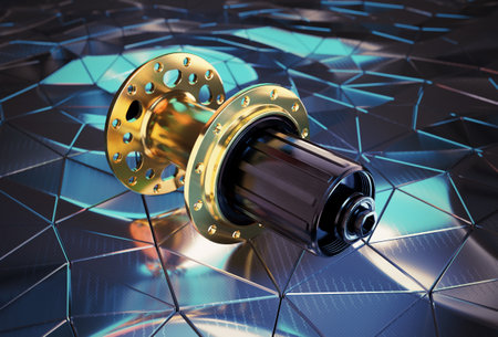 Shiny bike hub on cracked technical surface. 3d generated.の写真素材