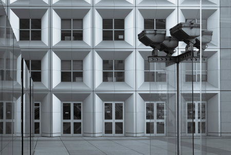 Office facade surrounded by glass walls, monochrome variation.の写真素材