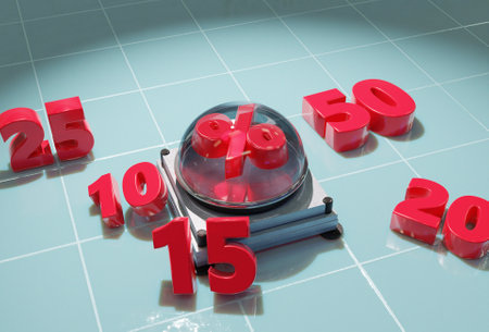 Buzzer with transparent ball and percent sign. The surrounding digits symbolize the discount offer. 3d renderingの写真素材