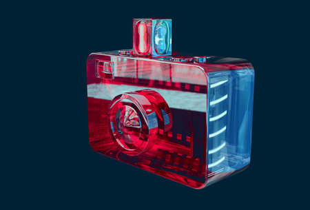 Stylized retro point and shoot camera with transparent plastic appearance. 3d renderingの写真素材