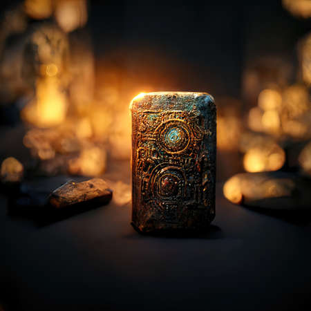 Digital art of ancient god artifact, metal, volumetric lighting, 3d illustrationの素材