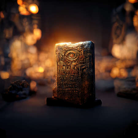 Digital art of ancient god artifact, metal, volumetric lighting, 3d illustrationの素材