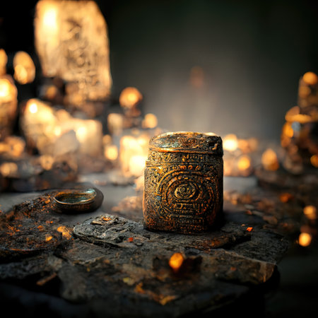 Digital art of ancient god artifact, metal, volumetric lighting, 3d illustrationの素材