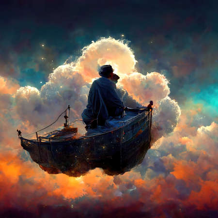 Digital art of magician with cowl in a boat floating in the clouds, 3d illustration, 3d renderの素材