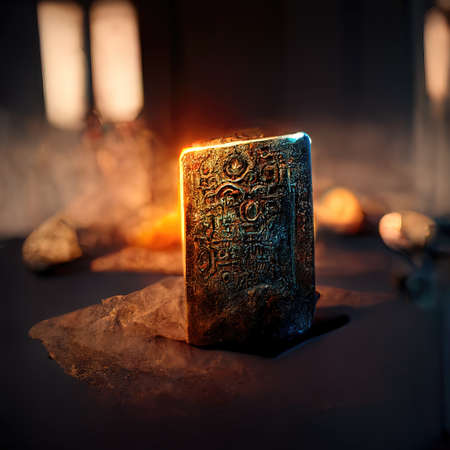 Digital art of ancient god artifact, metal, volumetric lighting, 3d illustrationの素材