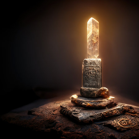 Digital art of ancient god artifact, metal, volumetric lighting, 3d illustrationの素材
