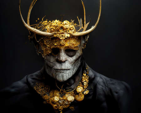 Digital art of man wearing a golden mask and antler covered in gems, 3d Illustration, 3d renderの素材