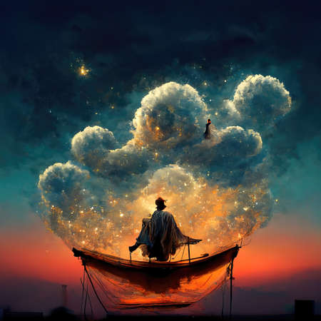 Digital art of magician with cowl in a boat floating in the clouds, 3d illustration, 3d renderの素材