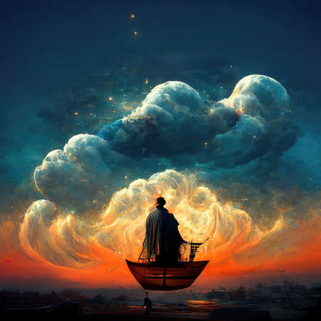 Digital art of magician with cowl in a boat floating in the clouds, 3d illustration, 3d renderの素材