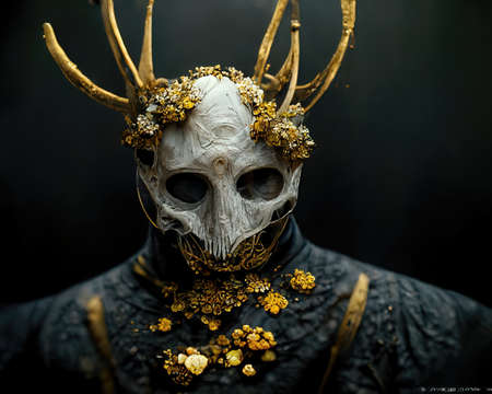 Digital art of man wearing a golden mask and antler covered in gems, 3d Illustration, 3d renderの素材