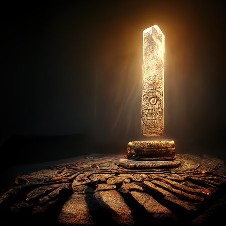 Digital art of ancient god artifact, metal, volumetric lighting, 3d illustrationの素材