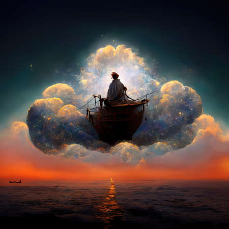 Digital art of magician with cowl in a boat floating in the clouds, 3d illustration, 3d renderの素材