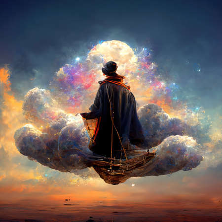 Digital art of magician with cowl in a boat floating in the clouds, 3d illustration, 3d renderの素材