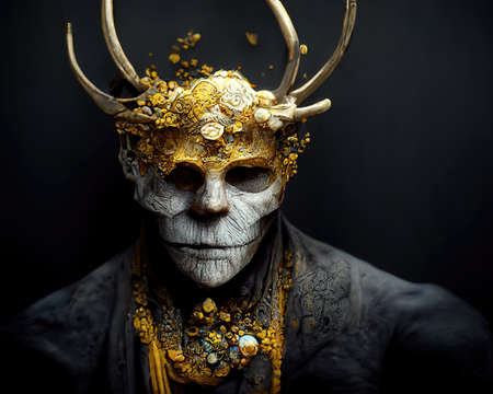 Man wearing a golden mask and antler covered in gems, 3d Illustrationの素材
