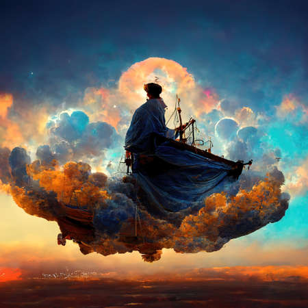 Digital art of magician with cowl in a boat, 3d illustrationの素材