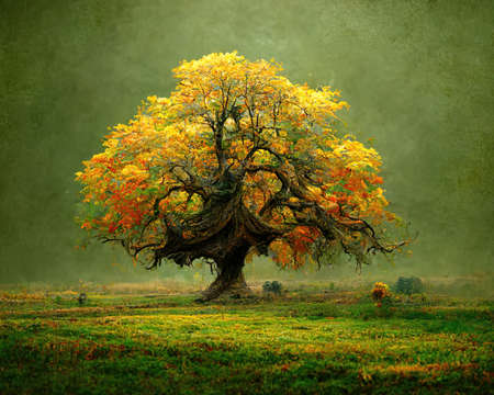 Digital art of old big tree with amazing branches, 3d illustrationの素材