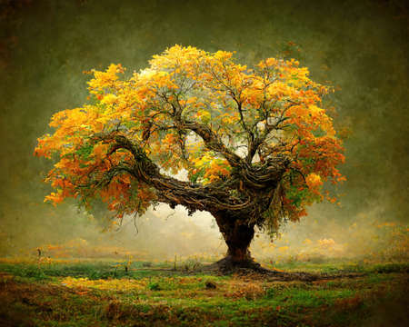 Digital art of old big tree with amazing branches, 3d illustrationの素材