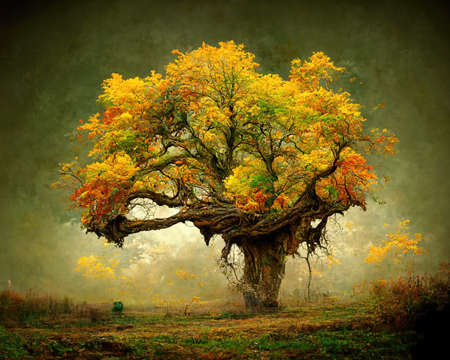 Digital art of old big tree with amazing branches, 3d illustrationの素材
