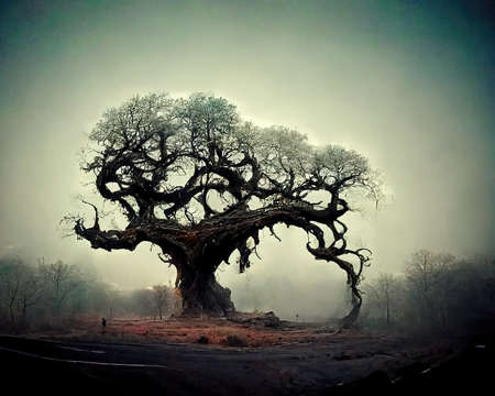 Digital art of old big tree with amazing branches, 3d illustrationの素材
