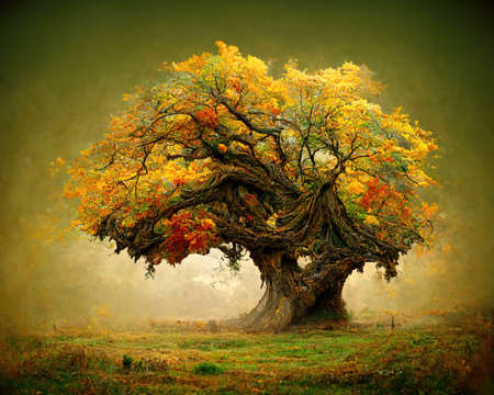 Digital art of old big tree with amazing branches, 3d illustrationの素材