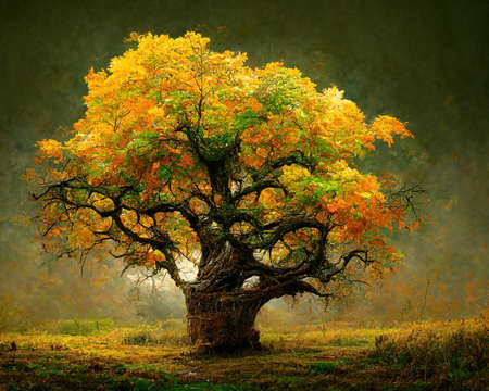 Digital art of old big tree with amazing branches, 3d illustrationの素材