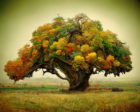 Digital art of old big tree with amazing branches, 3d illustrationの素材