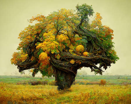 Digital art of old big tree with amazing branches, 3d illustrationの素材