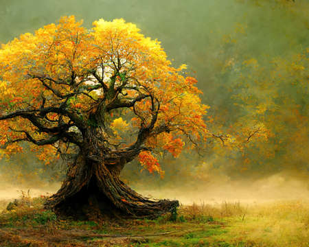 Digital art of old big tree with amazing branches, 3d illustrationの素材