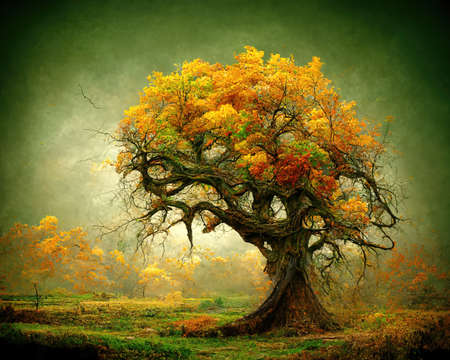 Digital art of old big tree with amazing branches, 3d illustrationの素材