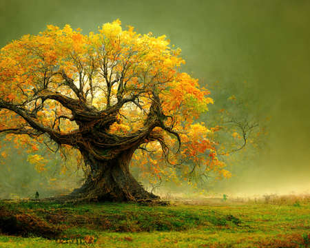 Digital art of old big tree with amazing branches, 3d illustrationの素材