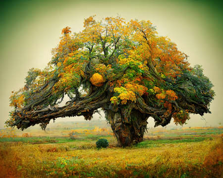 Digital art of old big tree with amazing branches, 3d illustrationの素材
