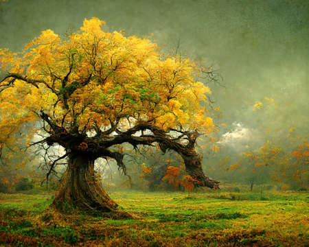 Digital art of old big tree with amazing branches, 3d illustrationの素材