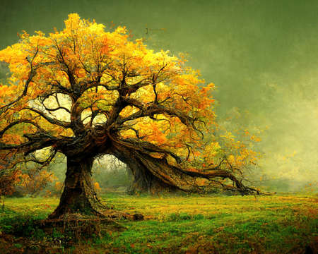 Digital art of old big tree with amazing branches, 3d illustrationの素材