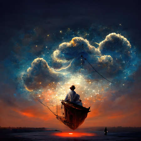 Digital art of magician with cowl in a boat, 3d illustrationの素材
