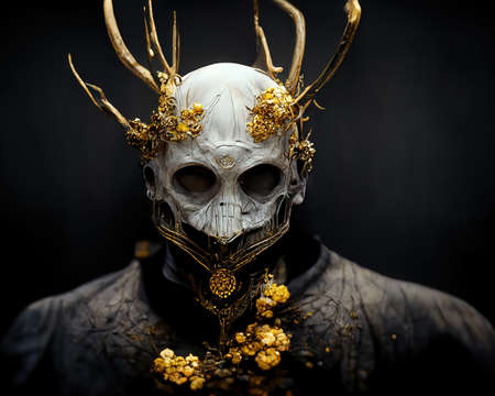 Man wearing a golden mask and antler covered in gems, 3d Illustrationの素材
