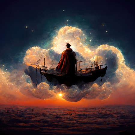 Digital art of magician with cowl in a boat, 3d illustrationの素材