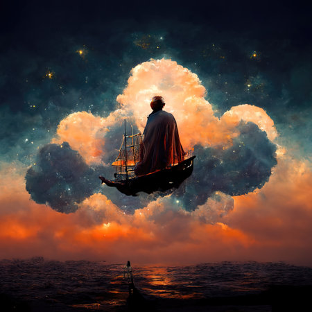 Digital art of magician with cowl in a boat, 3d illustrationの素材