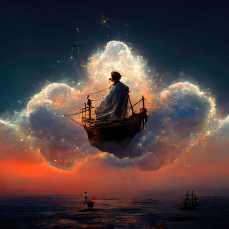 Digital art of magician with cowl in a boat, 3d illustrationの素材