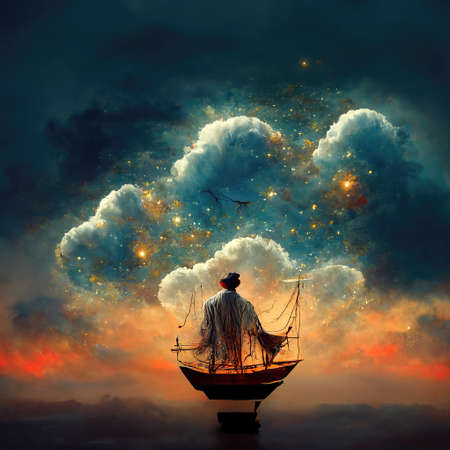 Digital art of magician with cowl in a boat, 3d illustrationの素材