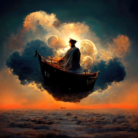 Digital art of magician with cowl in a boat, 3d illustrationの素材