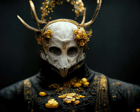 Man wearing a golden mask and antler covered in gems, 3d Illustrationの素材
